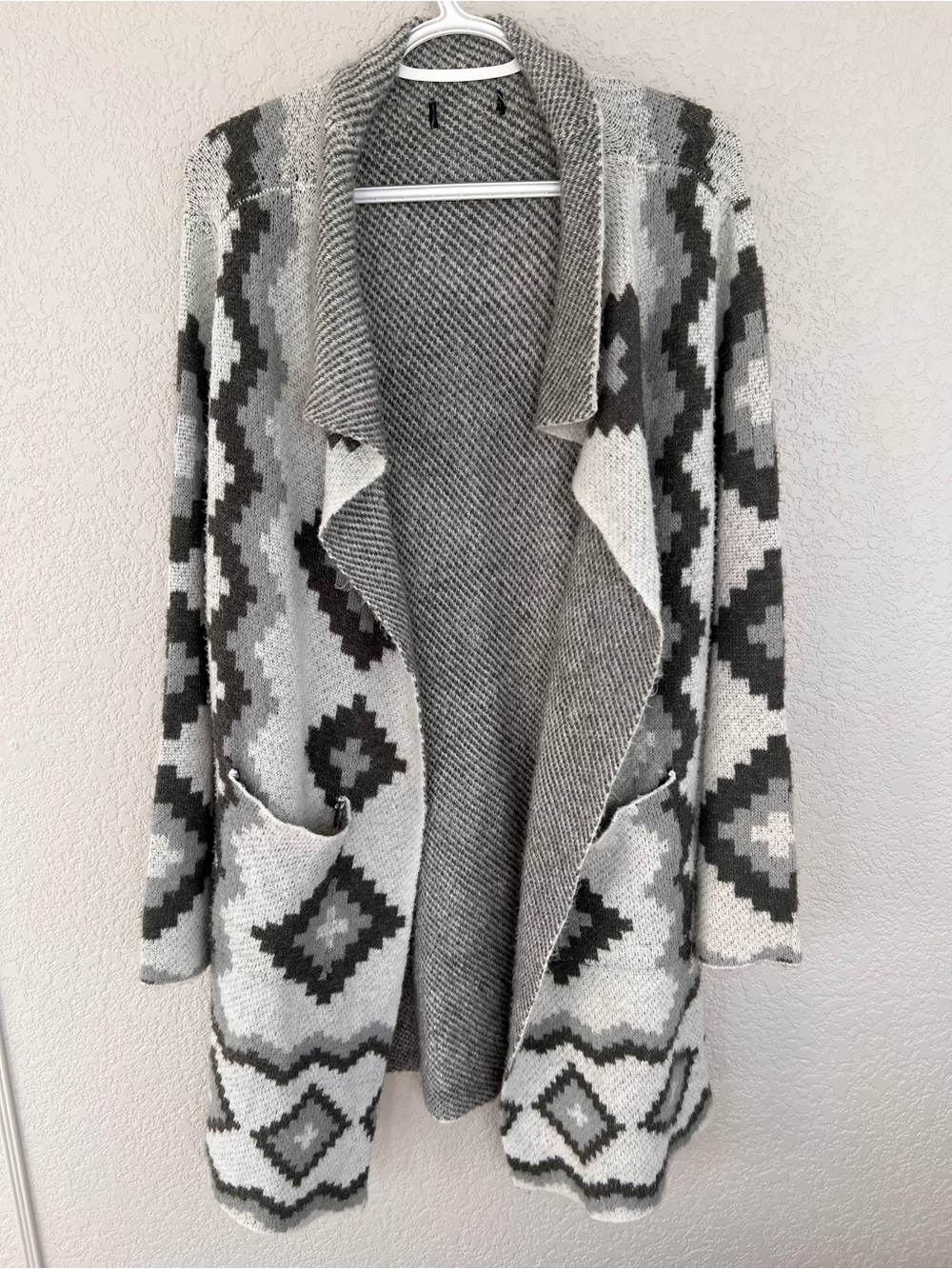 Gray Aztec Long Open-Front Cardigan Sweater - Women